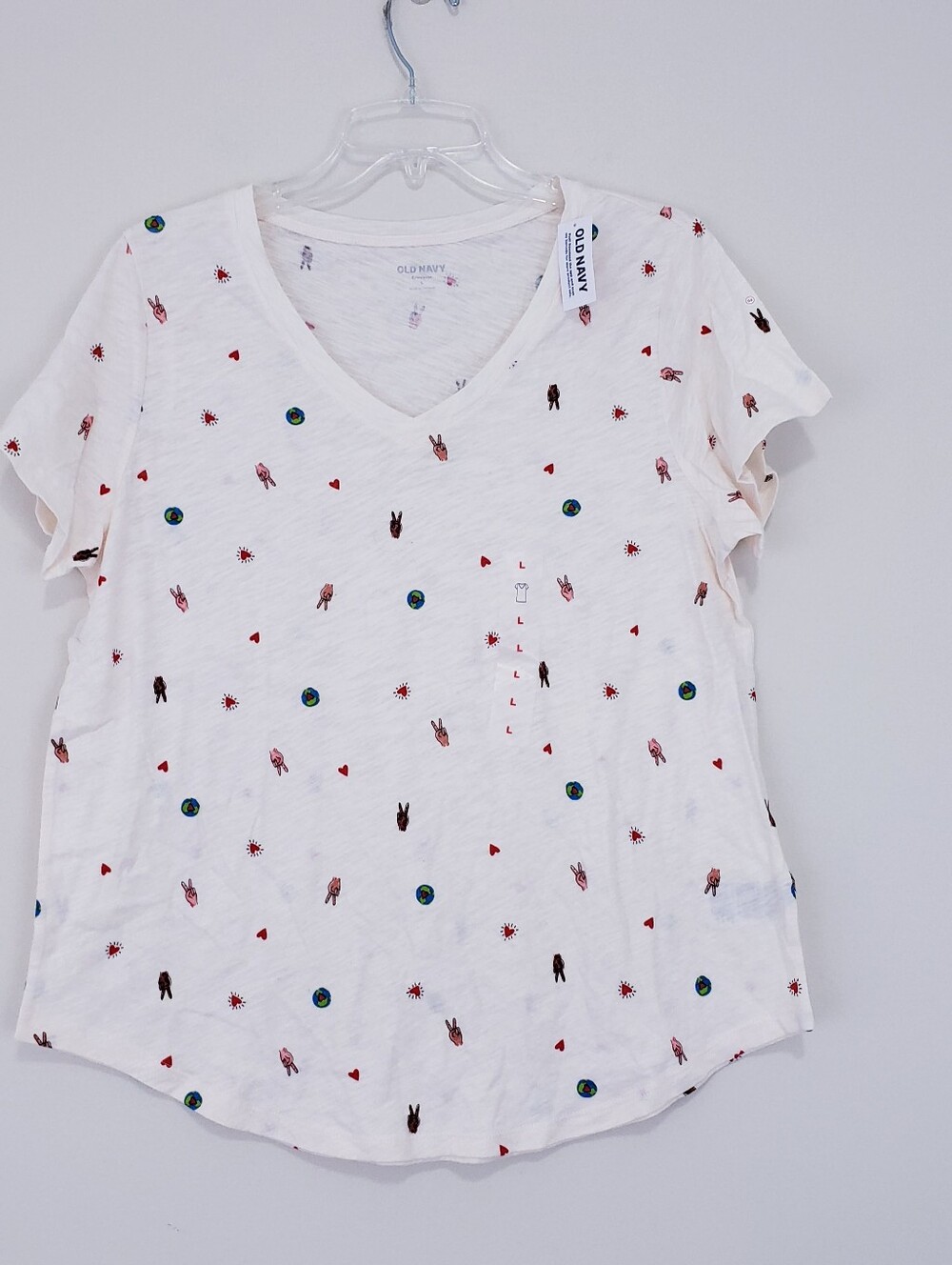 Old Navy White V-Neck Tee with Multicolor Mini Peace Signs Motifs Large NEW